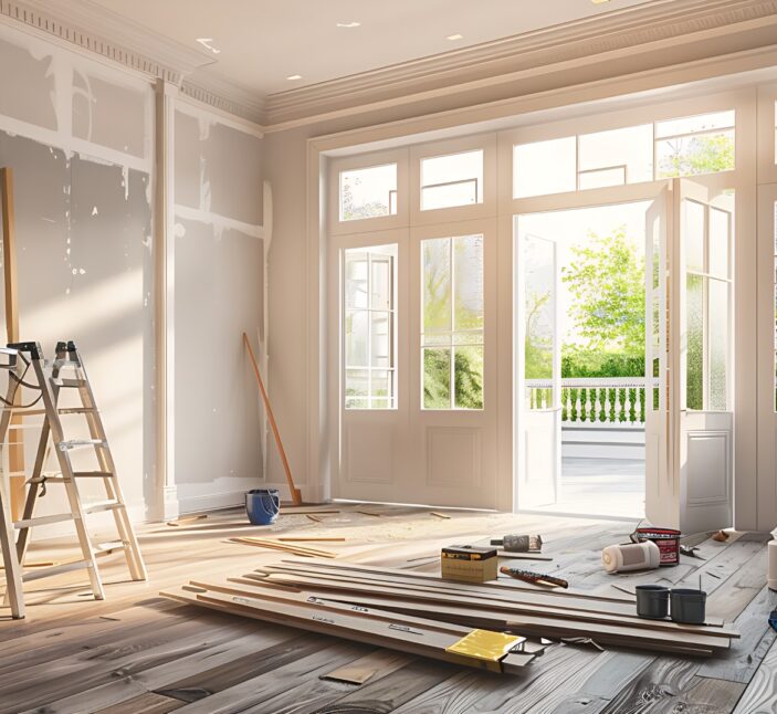 House interior undergoing renovations, painting supplies, tools, sunlit room, open garden door, home improvement