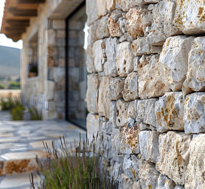 rock wall’s intricate textures and patterns, with minimalist decor elements accentuating the natural roughness of the stone